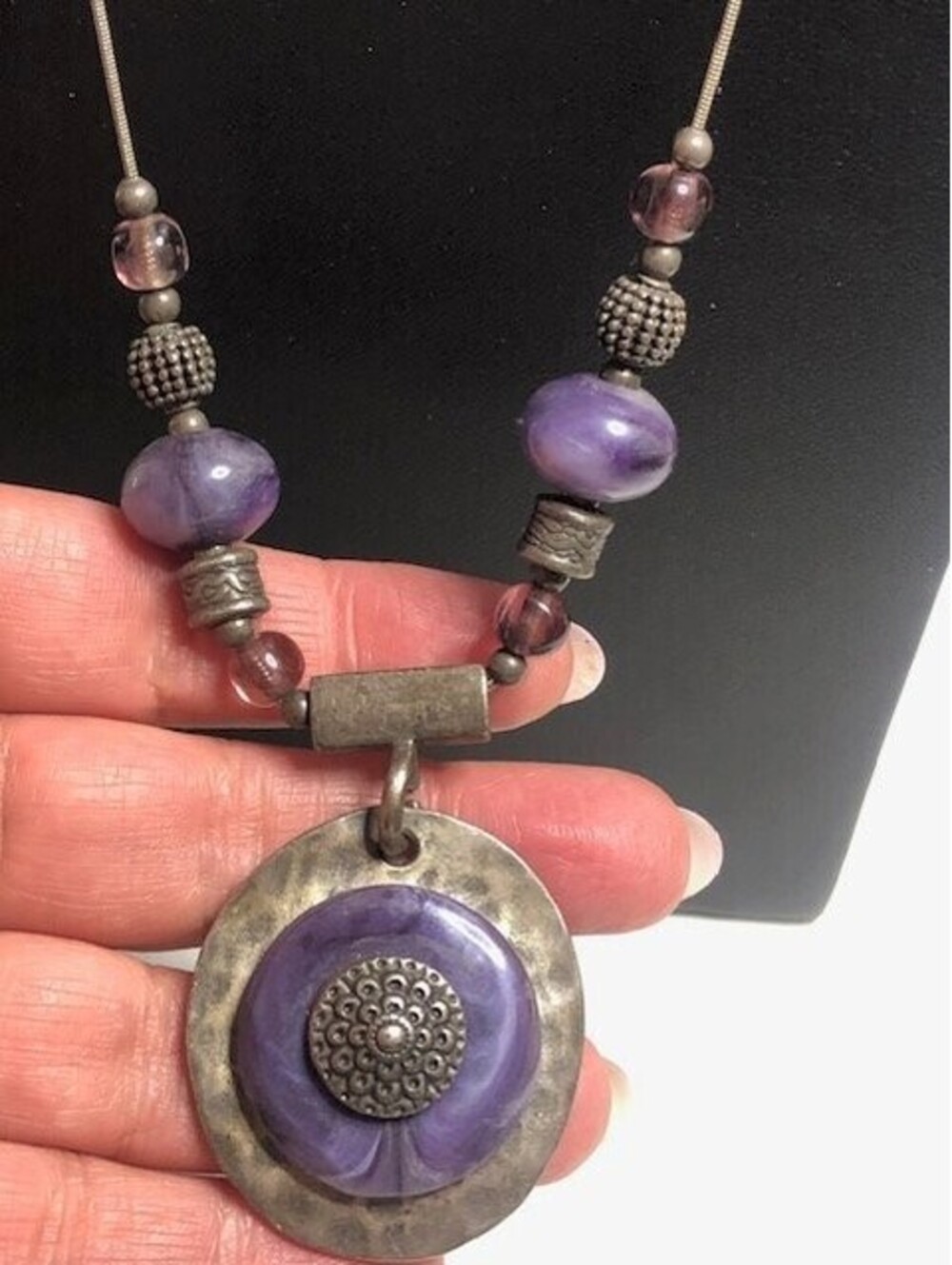 B0785 VJ Vicki Jousan purple Pendant Long snake Necklace Silver Tone Bead 36"